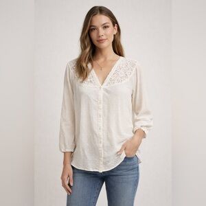Lucky Brand Vintage Y2K Swiss Dot Crochet Blouse | Sheer Boho Peasant Coastal